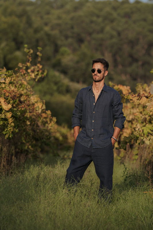 Navy Blue  Linen Shirt